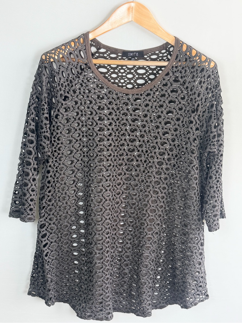 Comfy USA Open Weave Laser Cut Tunic Top Olive Gray Medium